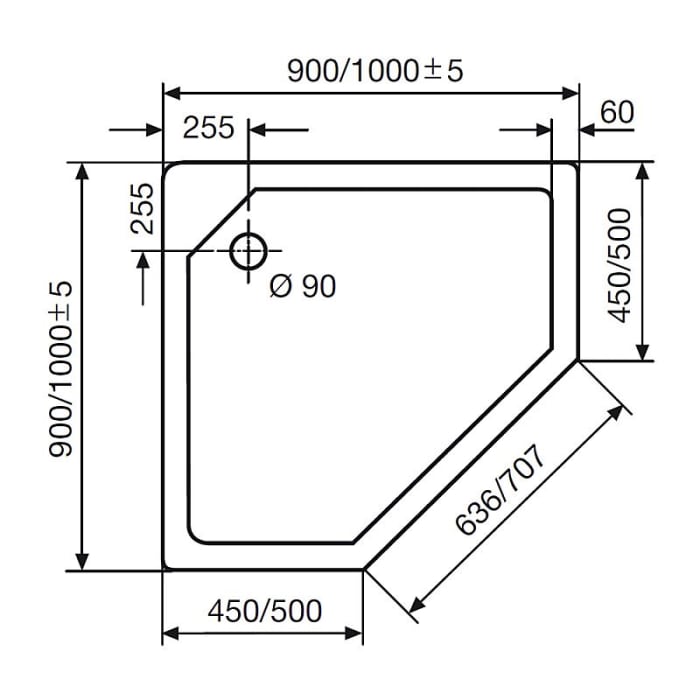 HSK Fünfeck-Duschwanne super-flach 90 x 90 cm