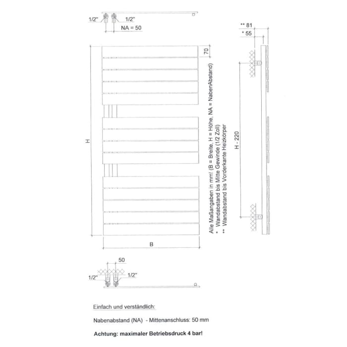 Plan Open Badheizkörper 50 x 172 cm