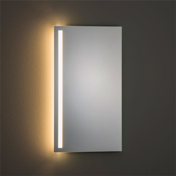 SKY LED Badspiegel 45 x 80 cm mit satiniertem Lichtausschnitt links aus der Megabad Profi Collection