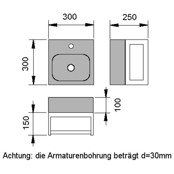 Stone Naturstein Handwaschbecken anthrazit 30 cm mit Edelstahlgestell, mit Hahnloch