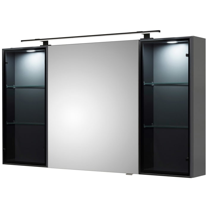 Pelipal Balto Spiegelschrank 120 x 17 x 70,3 cm mit 2 Vitrinen, LED Aufsatzleuchte 90 cm in schwarz matt