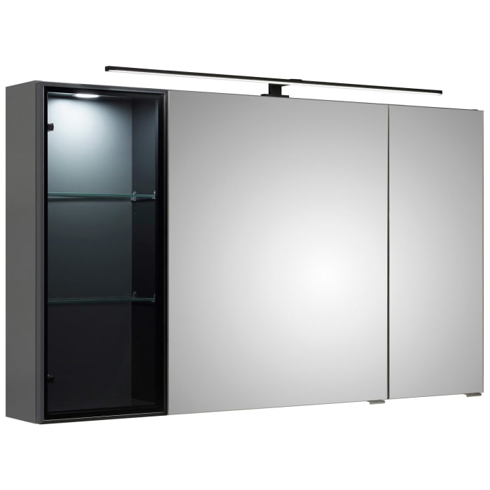 Pelipal Balto Spiegelschrank 90 x 17 x 70,3 cm mit Vitrine links, LED Aufsatzleuchte 60 cm in schwarz matt