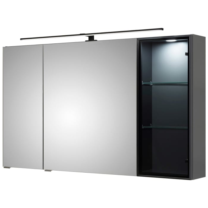 Pelipal Balto Spiegelschrank 90 x 17 x 70,3 cm mit Vitrine rechts, LED Aufsatzleuchte 60 cm in schwarz matt