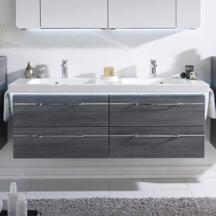 Pelipal Balto Waschtischkombination mit Mineralmarmor Doppelwaschtisch 148,2 cm, Griff Z1, LED-Zusatzbeleuchtung