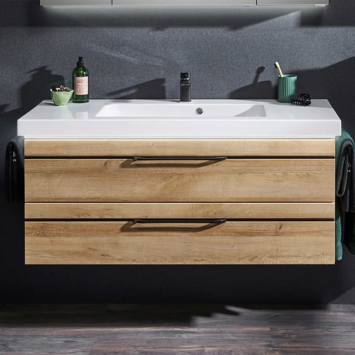 Pelipal Balto Waschtischkombination mit Mineralmarmorwaschtisch 123,4 cm, Griff V2, LED-Zusatzbeleuchtung