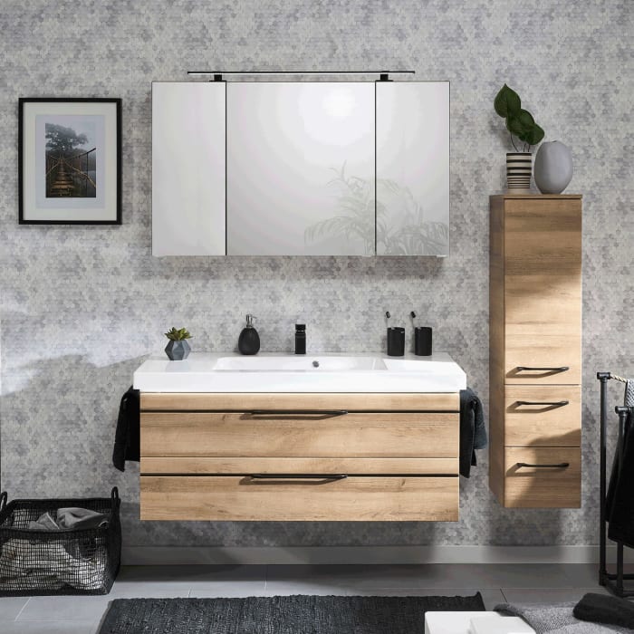 Pelipal Balto Waschtischkombination mit Mineralmarmorwaschtisch 123,4 cm, Griff V2, LED-Zusatzbeleuchtung