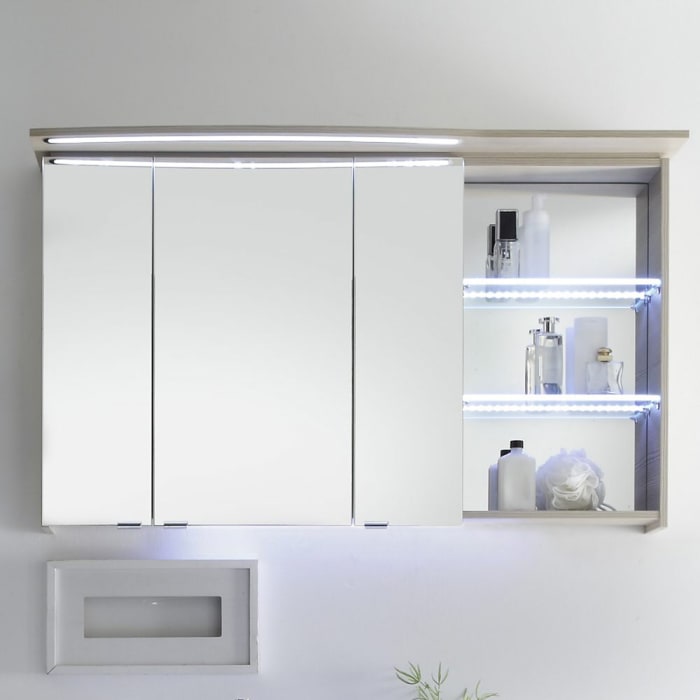 Pelipal Contea Spiegelschrank 119 x 16 x 73 cm mit LED Beleuchtung im Kranz, offenes Fach rechts