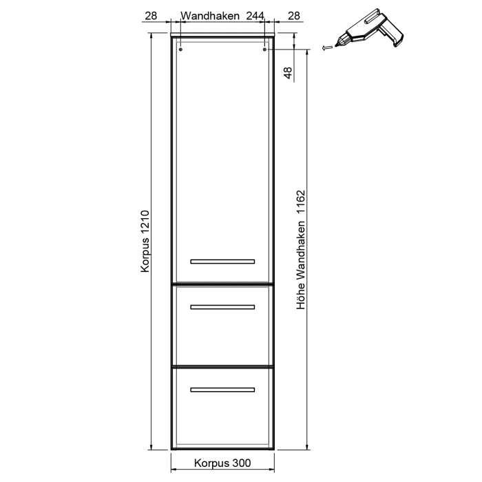 Pelipal Serie 4010 Midischrank 30 x 121 cm mit 1 Drehtür und 2 Auszügen