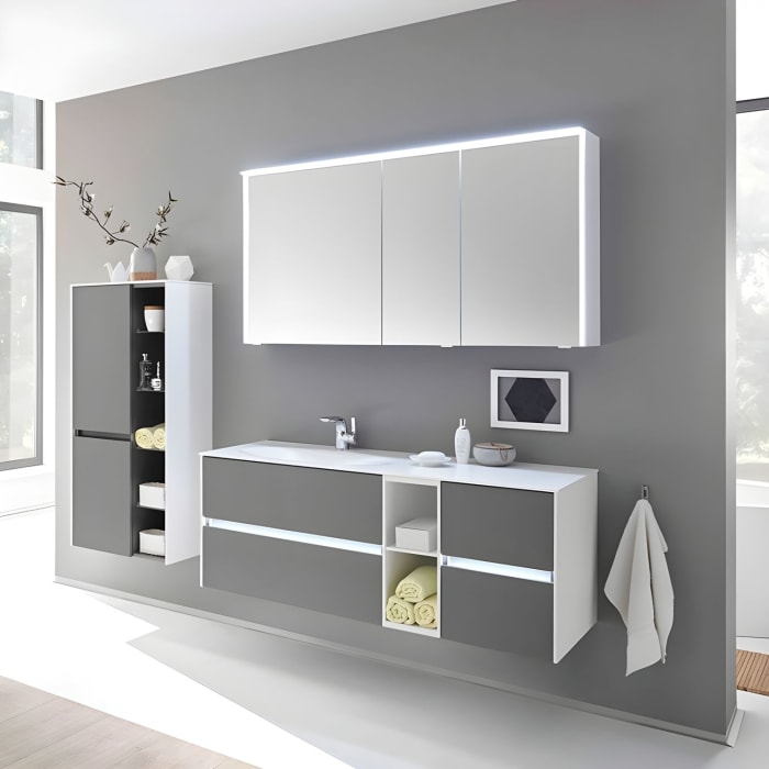 Pelipal Serie 6010 Spiegelschrank 134 x 17,6 x 70,9 cm mit LED-Lichtkranz, LED-Profil, Waschplatzbeleuchtung, große Tür rechts