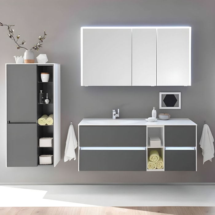 Pelipal Serie 6010 Spiegelschrank 134 x 17,6 x 70,9 cm mit LED-Lichtkranz, LED-Profil, Waschplatzbeleuchtung, große Tür rechts