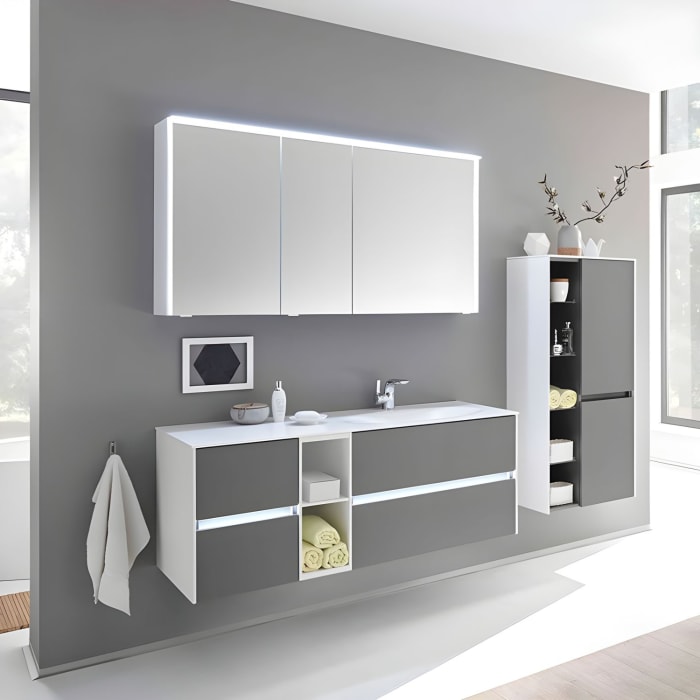 Pelipal Serie 6010 Spiegelschrank 134 x 17,6 x 70,9 cm mit LED-Lichtkranz, LED-Profil, Waschplatzbeleuchtung, große Tür links