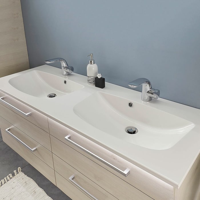 Pelipal Serie 6025 Mineralmarmor-Doppelwaschtisch 132 cm mit LED-Zusatzbeleuchtung