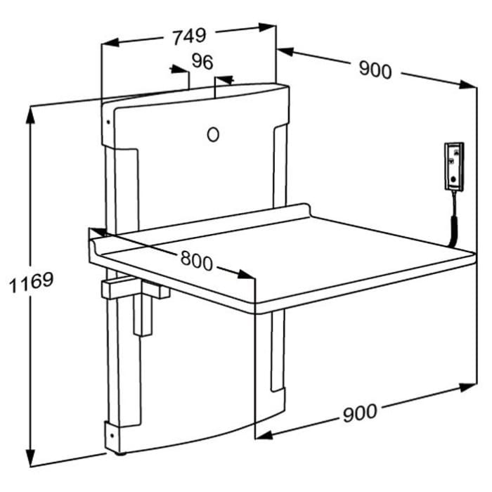 Pressalit Wickeltisch wandhängend 80 x 90 cm bodennach höhenverstellbar mit Elektromotor, hochklappbar