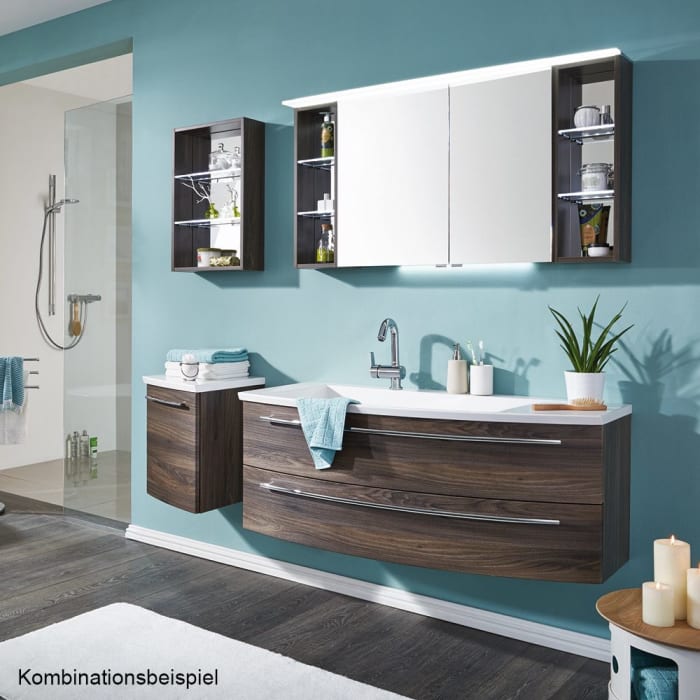 Puris Crescendo Spiegelschrank 90 x 15 x 65 cm mit LED Beleuchtung Regal rechts, große Tür links