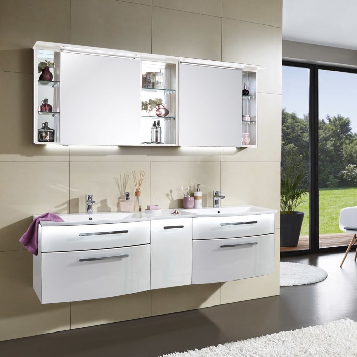 Puris Linea Doppelwaschtisch mit Unterschrank 171,2 cm mit LED-Beleuchtung, Anschlag links, Griff 320