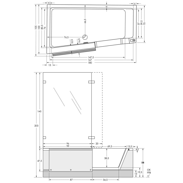 Repabad Easy-in Badewanne 180 Türe rechts Nischeneinbau, mit Glasabtrennung