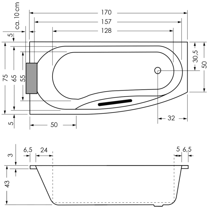 Repabad Kampen 170 rechts Raumspar-Badewanne mit Rückentherapie