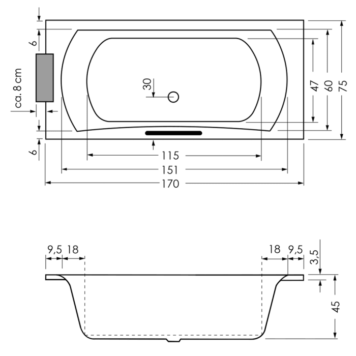 Repabad Arosa 170 Rechteck-Badewanne
