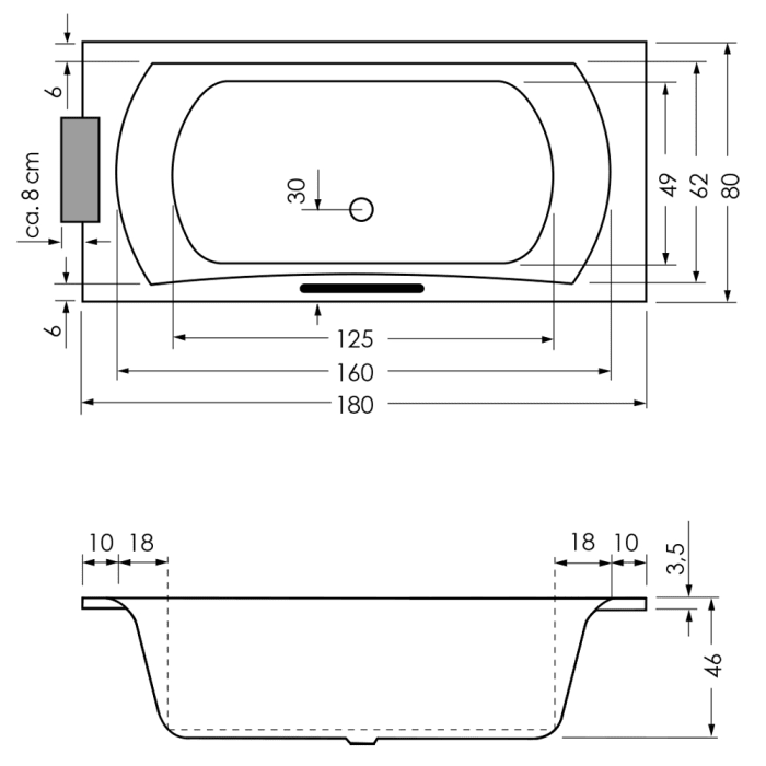 Repabad Arosa 180 Rechteck-Badewanne mit Farblichttherapie