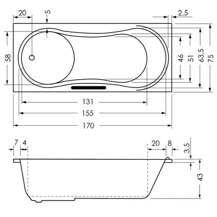 Repabad Dublin 170/75 Rechteck-Badewanne