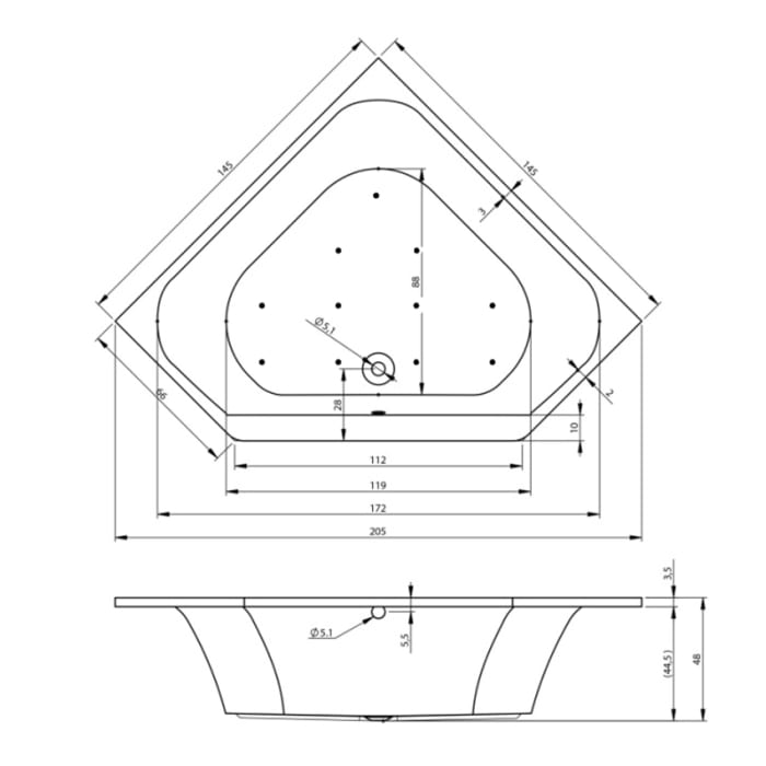 Riho Austin Whirlpool 145 x 145 cm mit Air Whirlpoolsystem, Version links