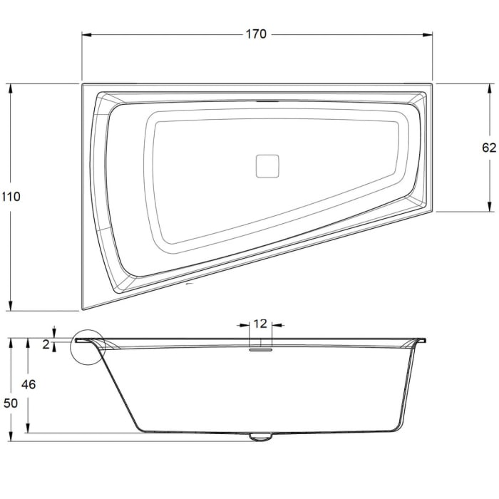 Riho Still Smart Raumspar-Badewanne 170 x 110 cm, mit Riho Fall, Fußende rechts
