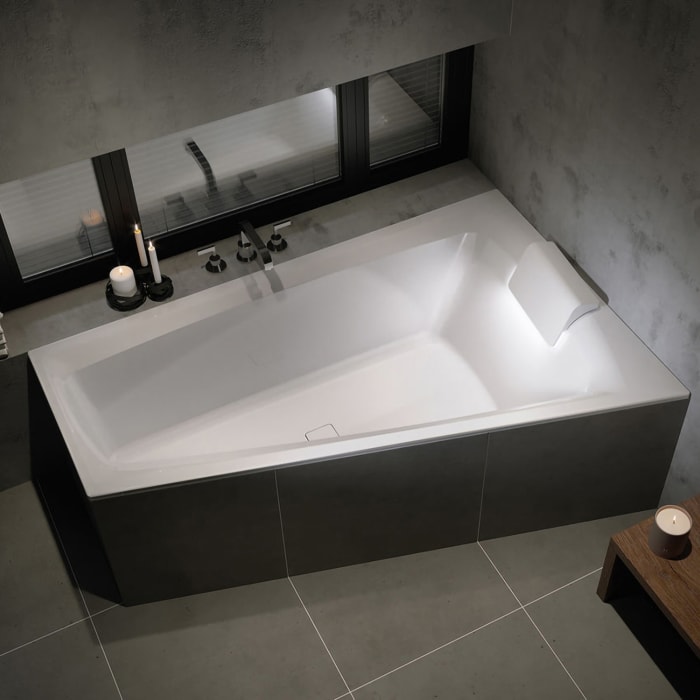 Riho Still Smart Raumspar-Badewanne 170 x 110 cm, links mit Riho-Fall Wanneneinlauf, LED-Beleuchtung und Kopfstütze