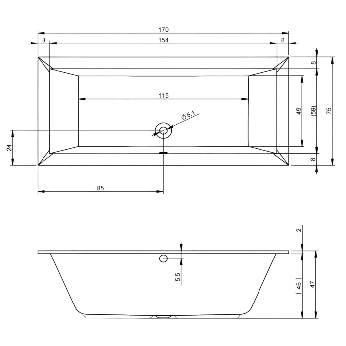 Riho Lugo Rechteck-Badewanne 170 x 75 cm