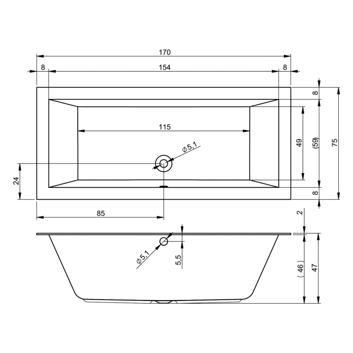 Riho Lugo Rechteck-Badewanne 170 x 75 cm