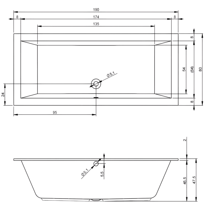 Riho Lugo Rechteck-Badewanne 190 x 80 cm