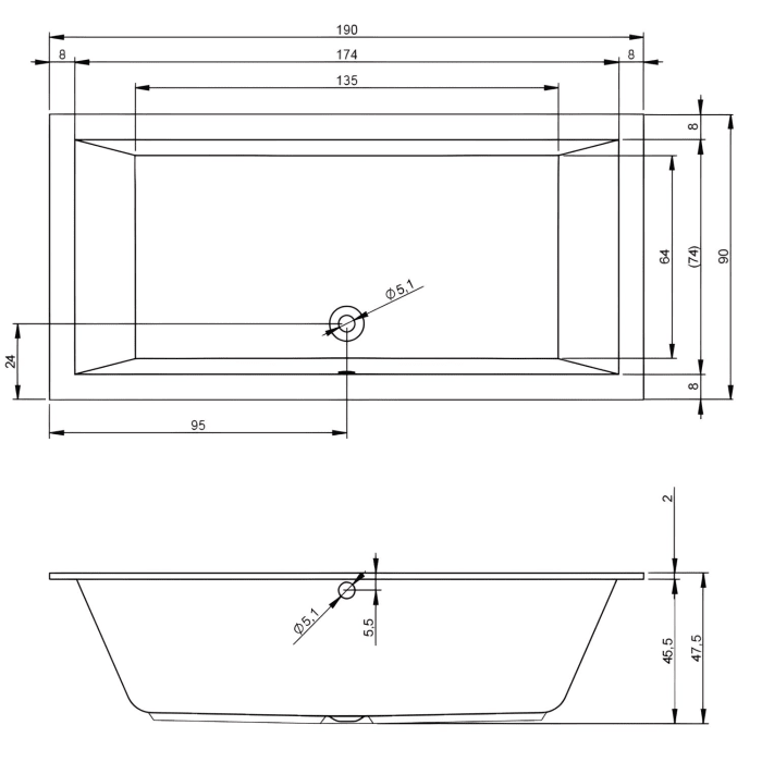 Riho Lugo Rechteck-Badewanne 190 x 90 cm