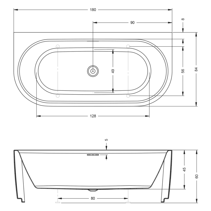 Riho Desire Back-2-Wall Vorwand-Badewanne 180 x 84 cm mit Riho Fall