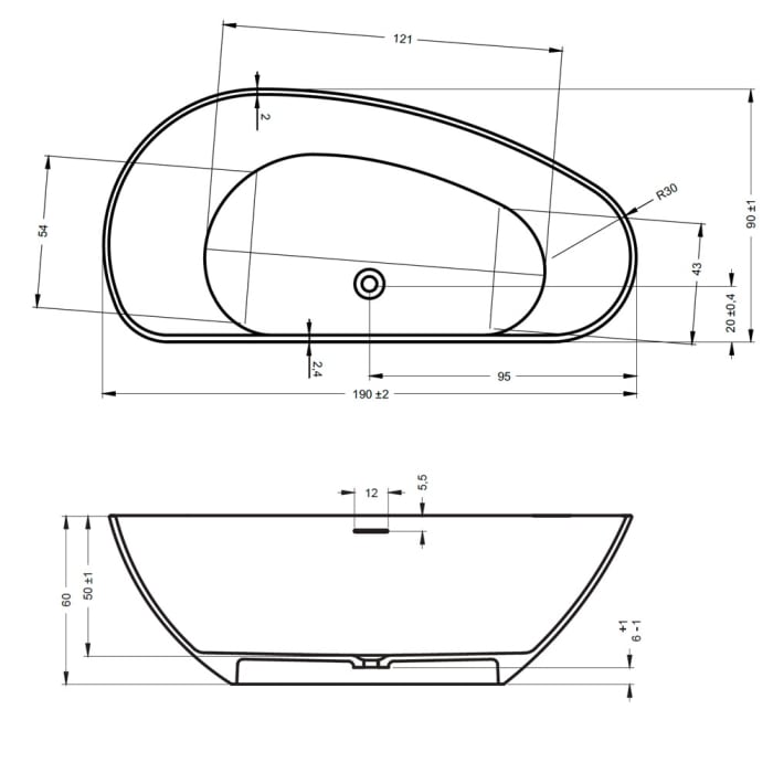 Riho Granada freistehende Badewanne 190 x 90 cm, Ausführung links