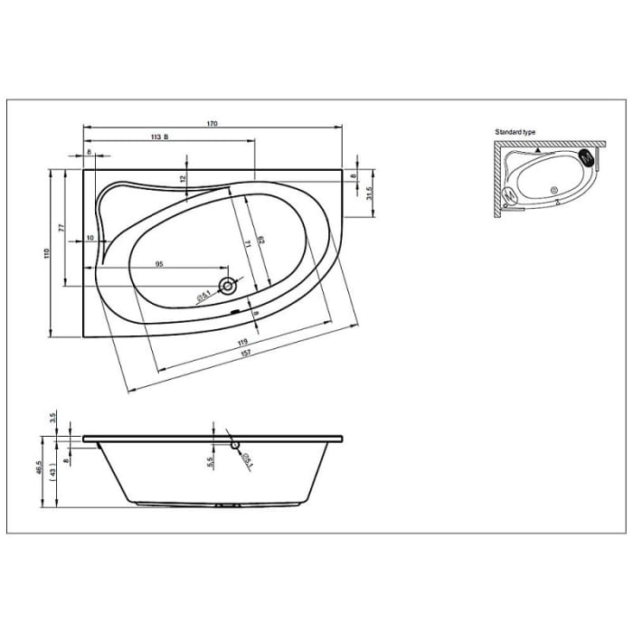 Riho Aryl Raumspar-Badewanne 170 x 110 cm, rechts für Eckeinbau