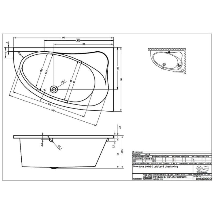 Riho Aryl Raumspar-Badewanne 140 x 90 cm links für Eckeinbau