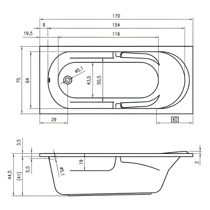 Riho Future Rechteck-Badewanne 170 x 75 cm