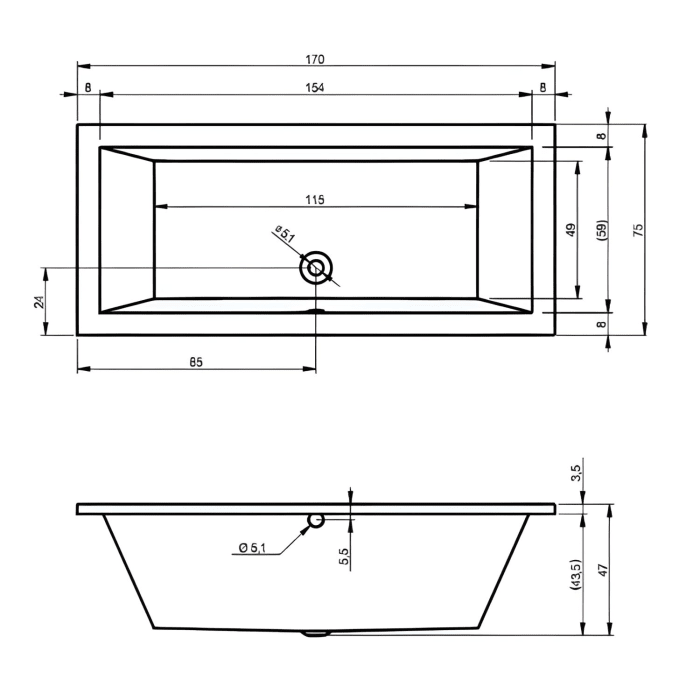 Riho Lusso Rechteck-Badewanne 170 x 75 cm