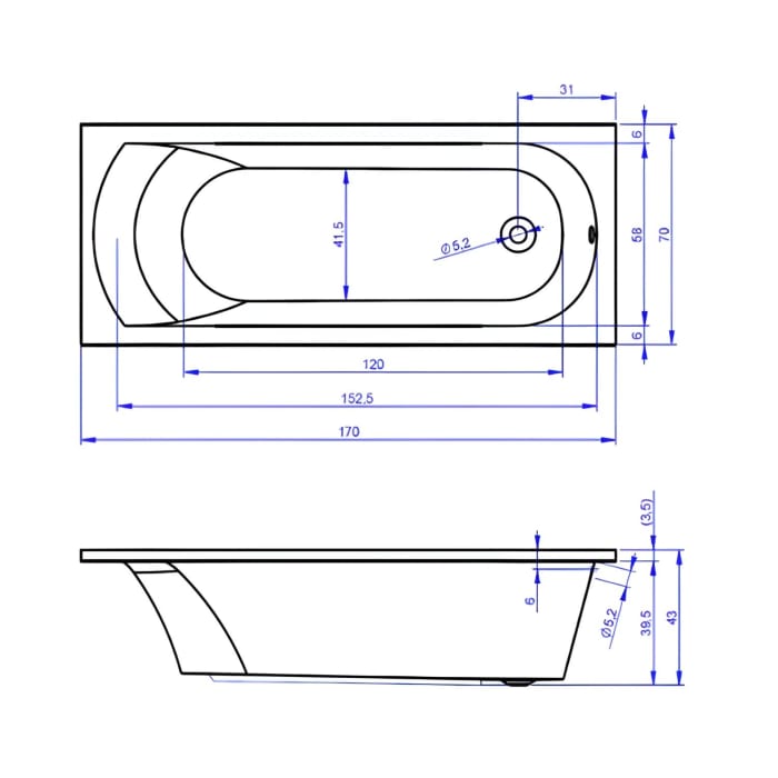 Riho Miami 170 Rechteck-Badewanne 170 x 70 cm