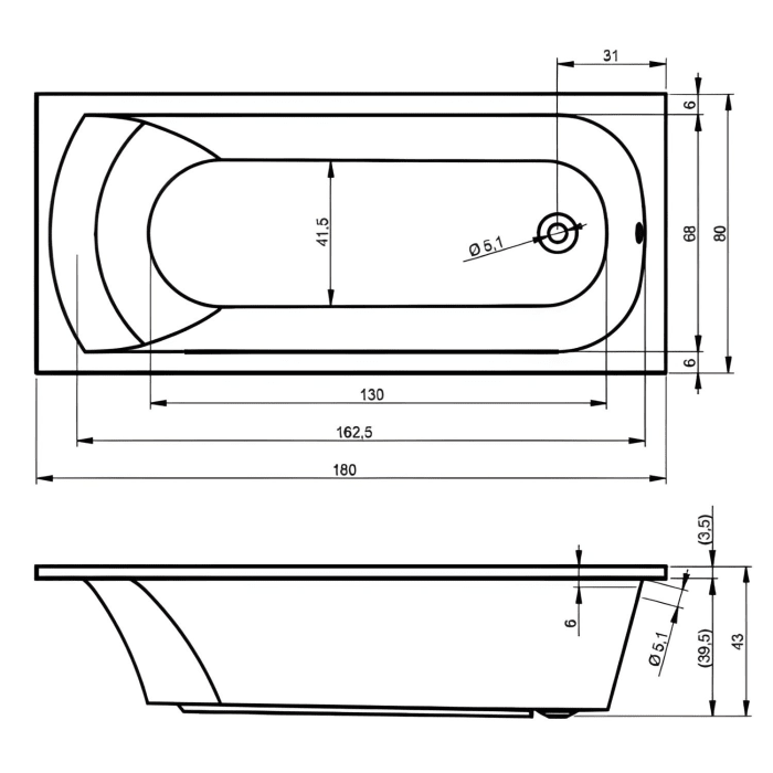 Riho Miami 180 Rechteck-Badewanne 180 x 80 cm