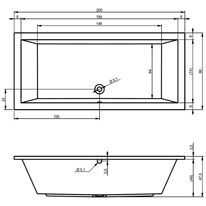 Riho Lusso Whirlpool 200 x 90 cm Air 11 Jets, links