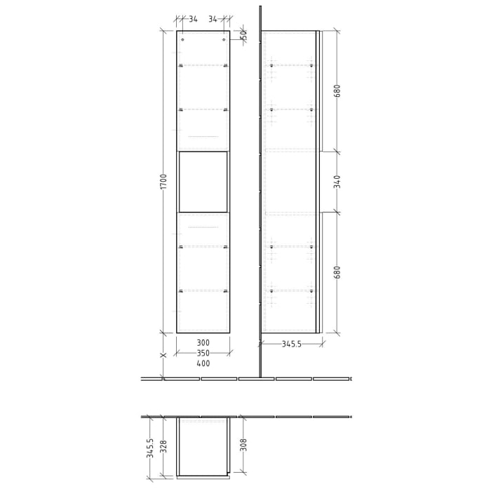 Sanipa 3way Hochschrank 30 cm, 1 offenes Fach, 2 Türen mit Türanschlag links