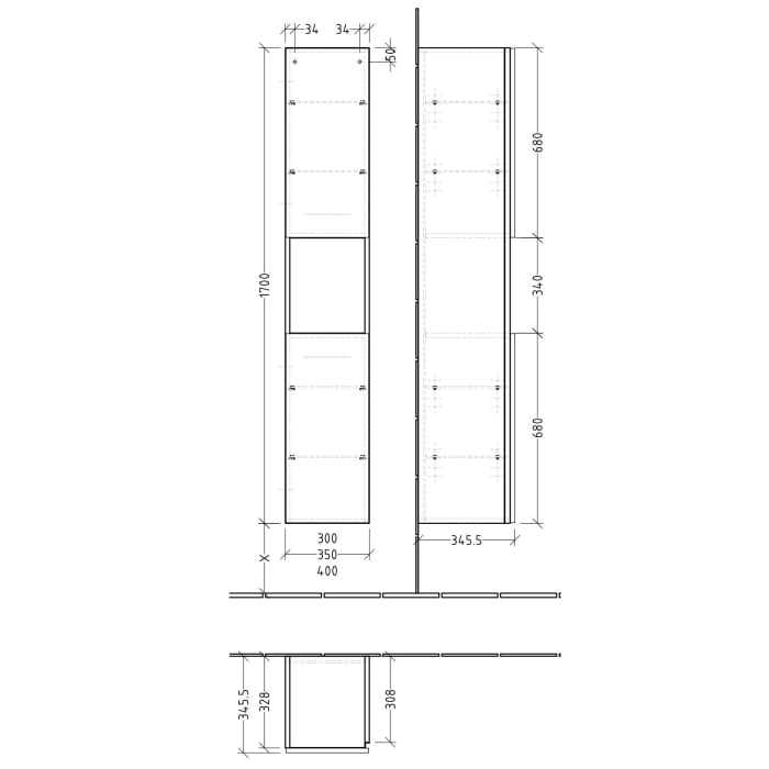 Sanipa 3way Hochschrank 35 cm, 1 offenes Fach, 2 Türen mit Türanschlag links
