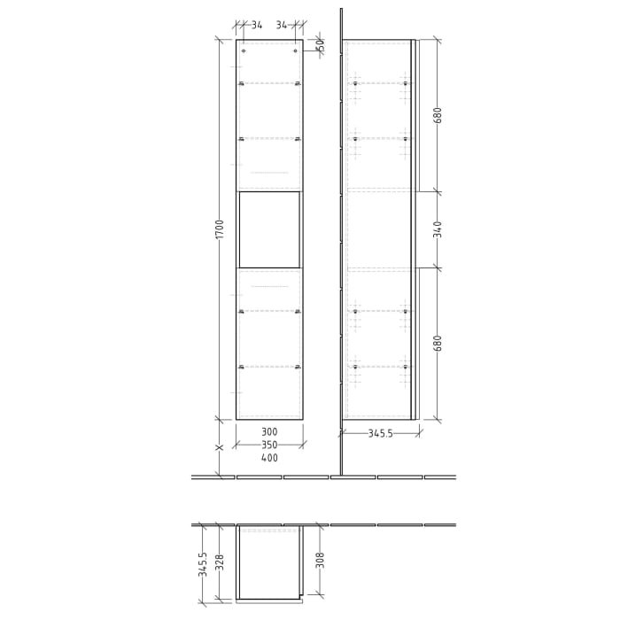 Sanipa 3way Hochschrank 35 cm, 1 offenes Fach, 2 Türen mit Türanschlag links