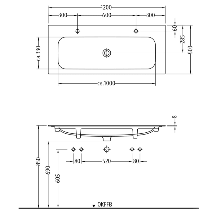 Sanipa 3way Unterschrank 120 cm, 4 Auszüge, Aufsatz-Griffe mit Villeroy & Boch Finion Doppelwaschtisch