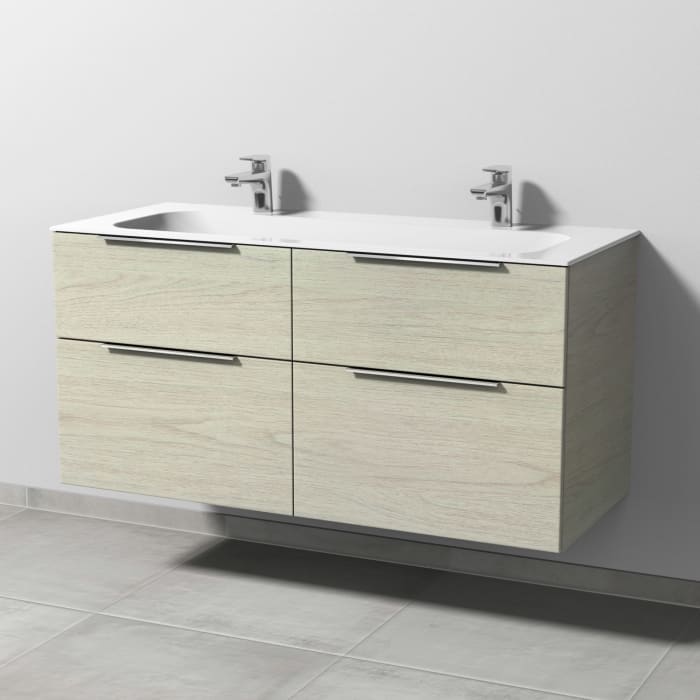 Sanipa 3way Unterschrank 120 cm, 4 Auszüge, Aufsatz-Griffe mit Villeroy & Boch Finion Doppelwaschtisch