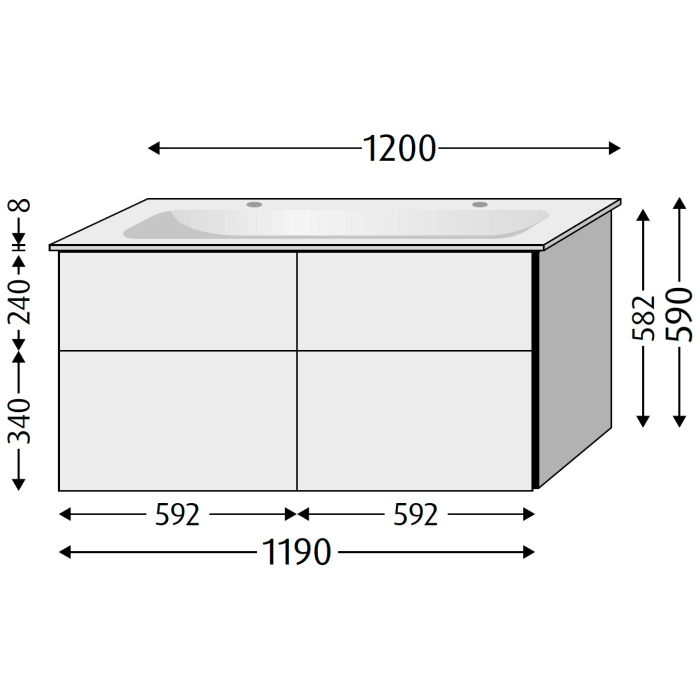 Sanipa 3way Unterschrank 120 cm, 4 Auszüge, Aufsatz-Griffe mit Villeroy & Boch Finion Doppelwaschtisch