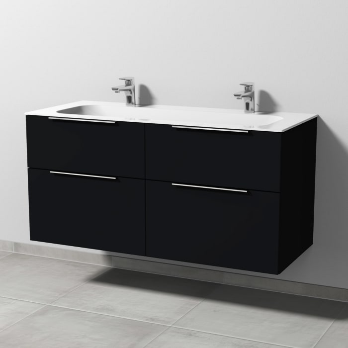 Sanipa 3way Unterschrank 120 cm, 4 Auszüge, Aufsatz-Griffe mit Villeroy & Boch Finion Doppelwaschtisch