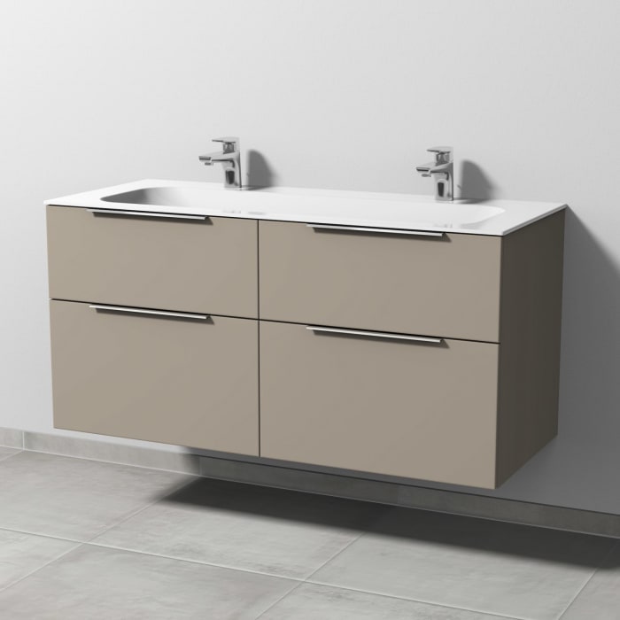 Sanipa 3way Unterschrank 120 cm, 4 Auszüge, Aufsatz-Griffe mit Villeroy & Boch Finion Doppelwaschtisch