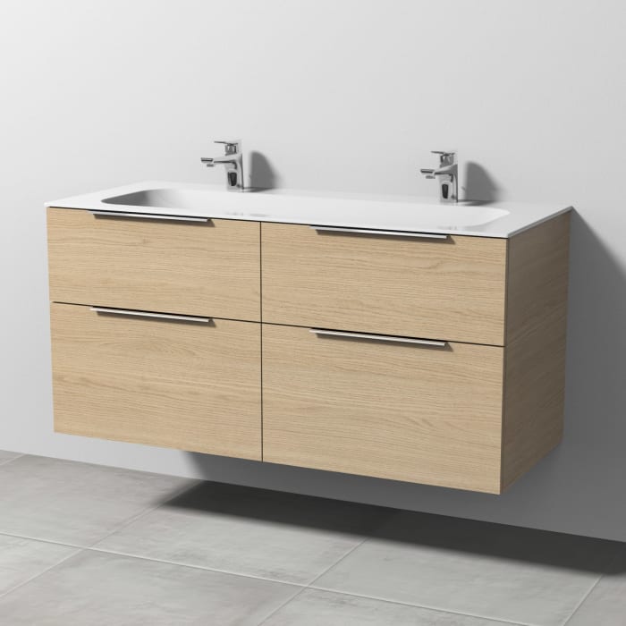 Sanipa 3way Unterschrank 120 cm, 4 Auszüge, Aufsatz-Griffe mit Villeroy & Boch Finion Doppelwaschtisch
