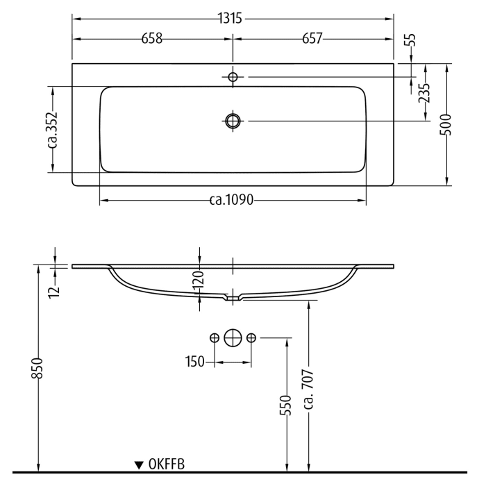 Sanipa 3way Kombination mit Glaswaschtisch 131,5 cm, 4 Auszüge mit Griff-Leiste